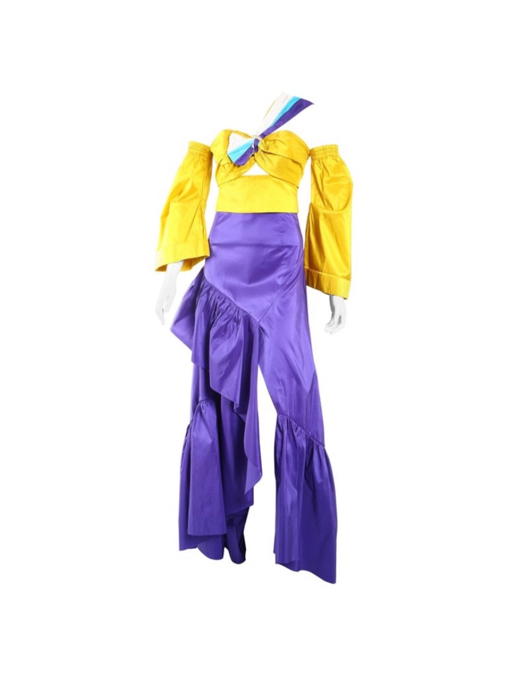Peter Pilotto Two-Piece Yellow Off-Shoulder Top & Purple Ruffled Skirt Set